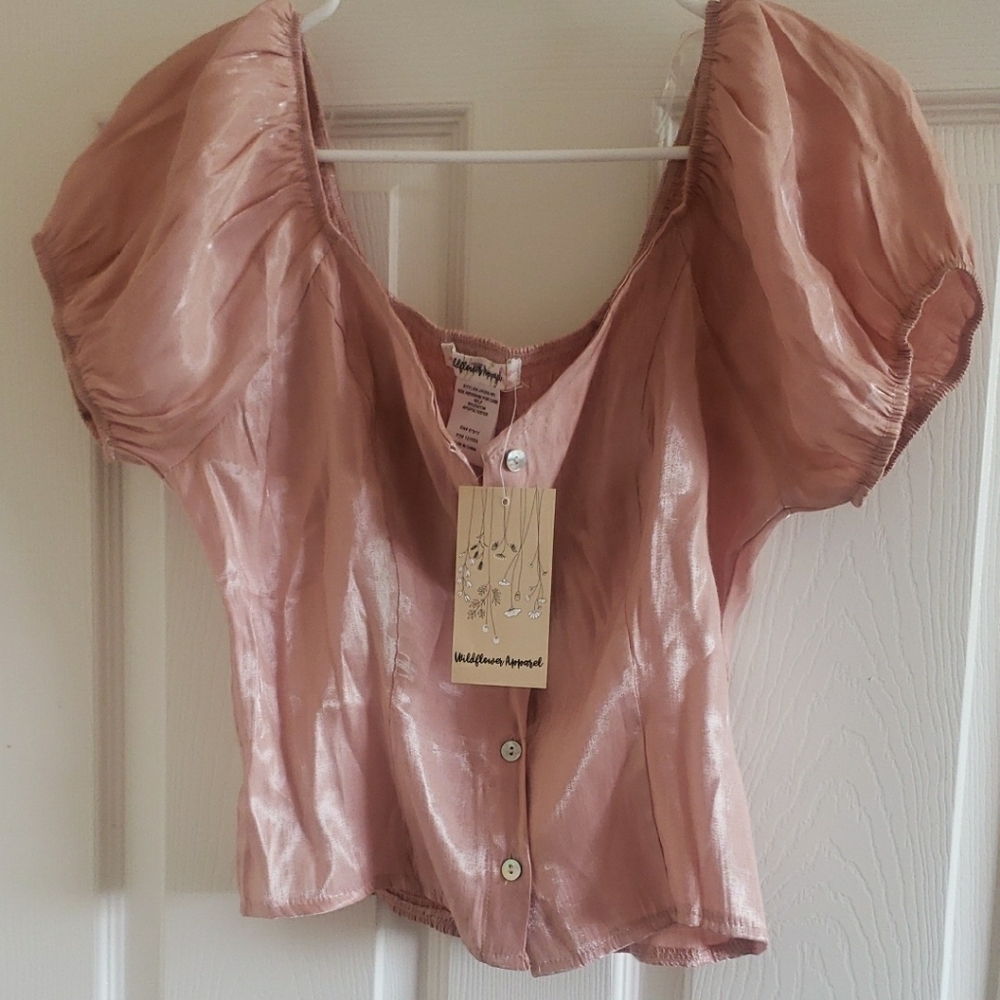 Wildflowers Shimmering Blush Puff Sleeve Blouse